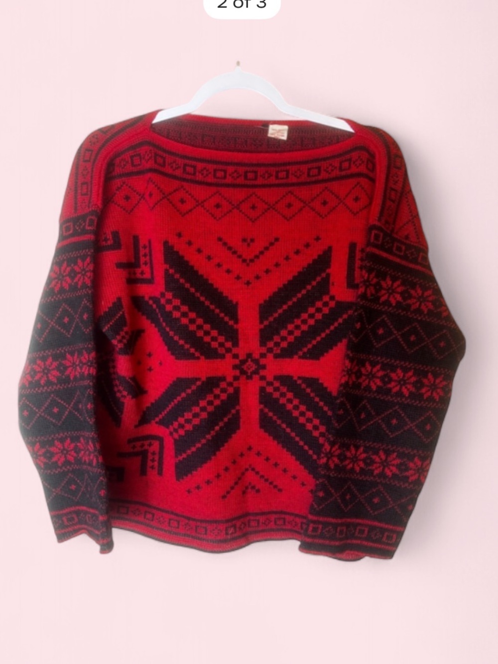 Vintage 100% Wool Made in Italy Red and Black Snowflake Fair Isle Sweater Sz M
